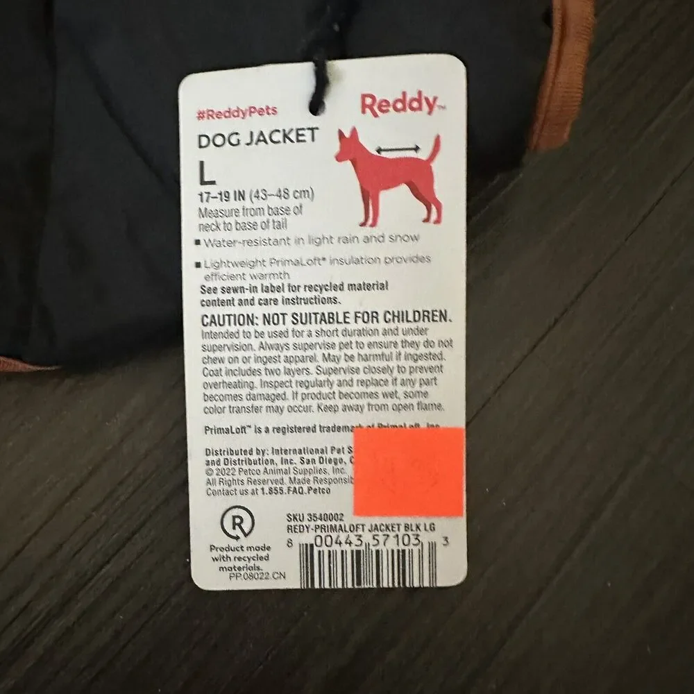 NWT Reddy Dog Jacket Primaloft Light Water Resistant Size Large 17-19” Black